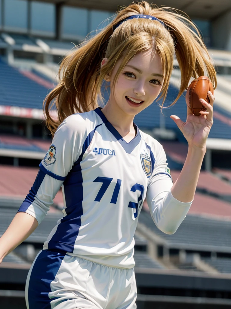 (Highest quality、8k、32K、masterpiece)、(Realistic)、(Realistic:1.2)、(High resolution)、Very detailed、Very beautiful face and eyes、1 girl、Round and small face、Tight waist、Delicate body、(close、Highest quality、Attention to detail、Rich skin detail)、(Highest quality、8k、Oil paints:1.2)、(Realistic、Realistic:1.37)、Bright colors、(((blonde)))、(((Cowboy Shot)))、(((Long Hair)))、(((ponytail)))、(((Football Stadium)))、(((Enthusiastic audience)))、(((Open your mouth)))、(((Laughter)))、(((blonde)))、(((Soccer uniforms)))、(((青と白のSoccer uniforms)))、(((There are no lines on the sleeves)))