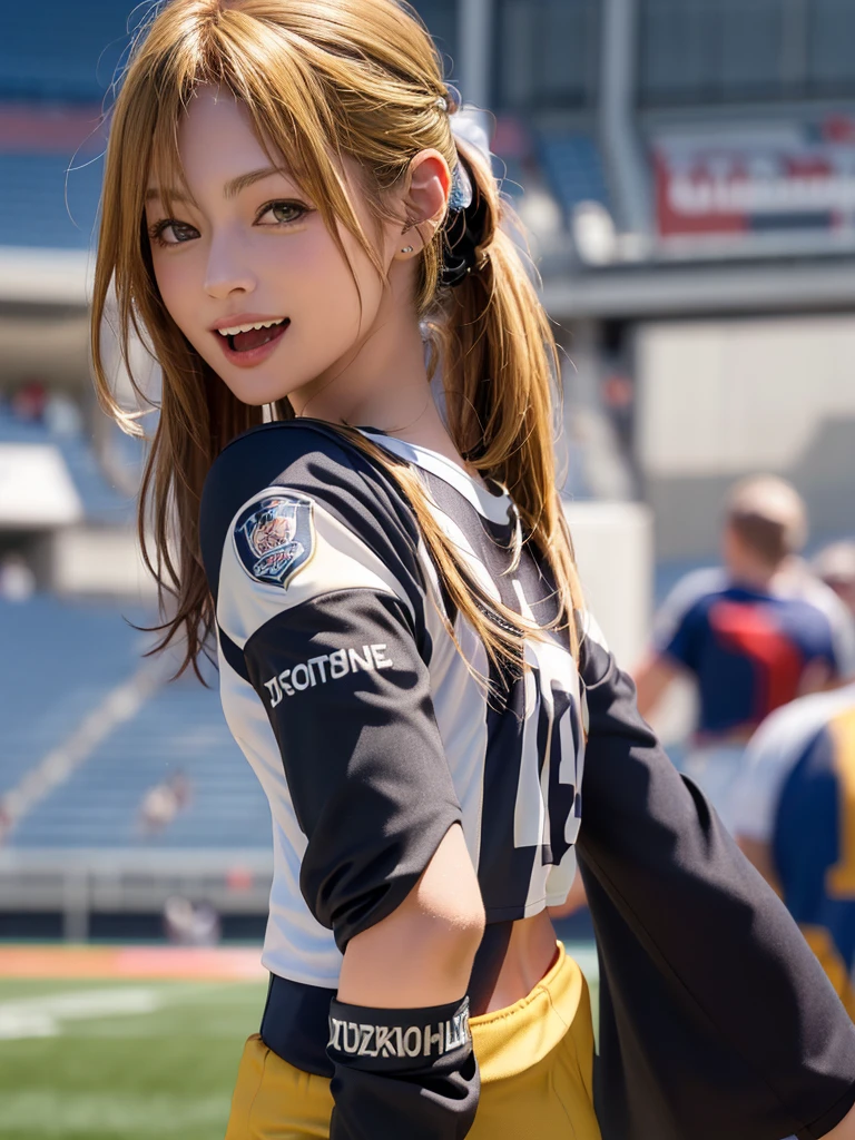 (Highest quality、8k、32K、masterpiece)、(Realistic)、(Realistic:1.2)、(High resolution)、Very detailed、Very beautiful face and eyes、1 girl、Round and small face、Tight waist、Delicate body、(close、Highest quality、Attention to detail、Rich skin detail)、(Highest quality、8k、Oil paints:1.2)、(Realistic、Realistic:1.37)、Bright colors、(((blonde)))、(((Cowboy Shot)))、(((Long Hair)))、(((ponytail)))、(((Football Stadium)))、(((Enthusiastic audience)))、(((Open your mouth)))、(((Laughter)))、(((blonde)))、(((Soccer uniforms)))、(((青と白のSoccer uniforms)))、(((There are no lines on the sleeves)))