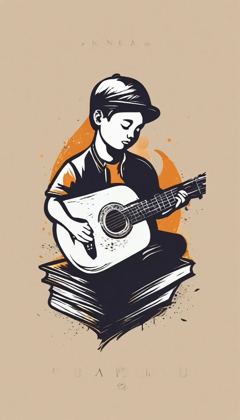 Create a minimal, modern, simple, inspirational, memorable, dream like logo design of a boy playing acoustic guitar to a feather for the brand “Penamemoria". The logo design must convey a sense of storytelling, cinematic storytelling, stories and dreams. Logo design impressed on a book cover
