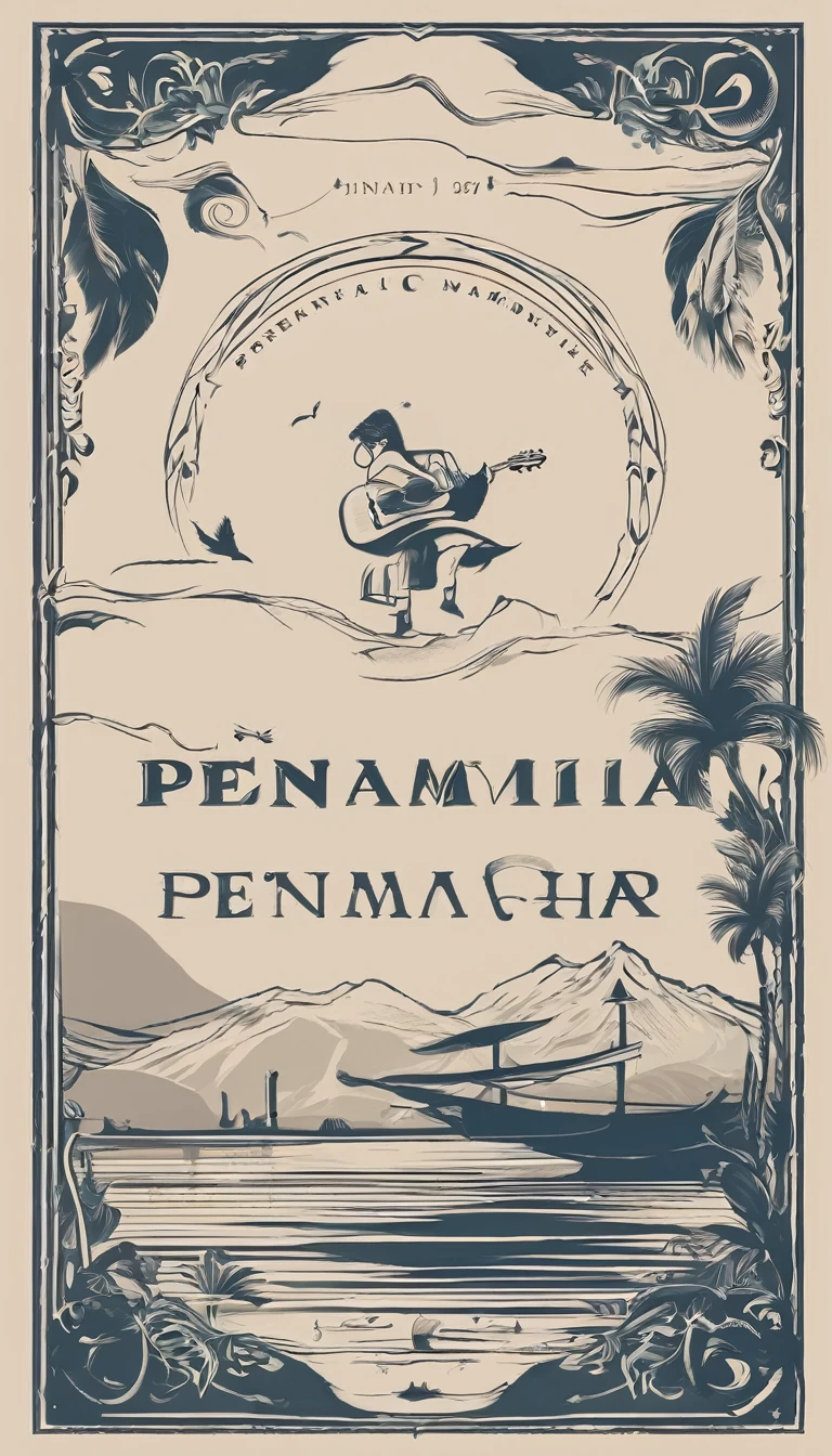 Create a minimal, modern, simple, inspirational, memorable, dream like logo design of a boy playing acoustic guitar to a feather for the brand “Penamemoria". The logo design must convey a sense of storytelling, cinematic storytelling, stories and dreams. Logo design impressed on a book cover