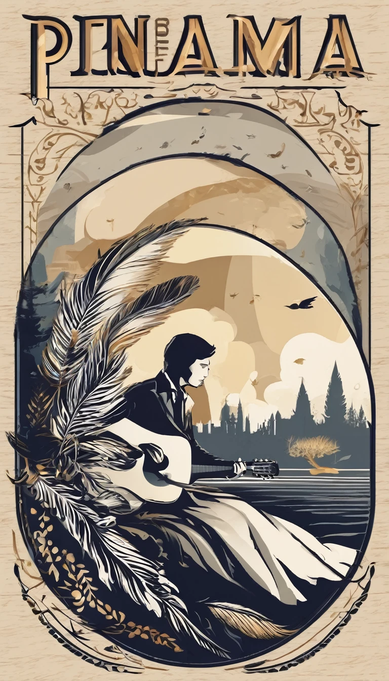 Create a minimal, modern, simple, inspirational, memorable, dream like logo design of a boy playing acoustic guitar to a feather for the brand “Penamemoria". The logo design must convey a sense of storytelling, cinematic storytelling, stories and dreams. Logo design impressed on a book cover
