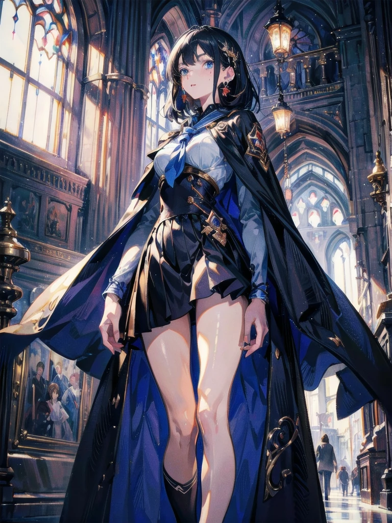 absurdres, RAW photo, extremely delicate and beautiful, masterpiece, Best Quality, ultra high resolution, 32k, hyperrealistic, ultra-detailed, perfect anatomy, anatomically correct, perfect figure, Perfect Style, Perfect balance, super Detailed skin, in her 20s, very Slim body, narrow waist, very small head, very small face, delicate facial features, handsome detailed woman, very detailed eyes and face, realistic face proportions, Realistic beautiful face, Realistic beautiful eyes, tearful mole, earring, very huge round breasts, whole body shot, whole legs, medium hair, asymmetrical hair, indoor, (school_uniform:1.2), cape,