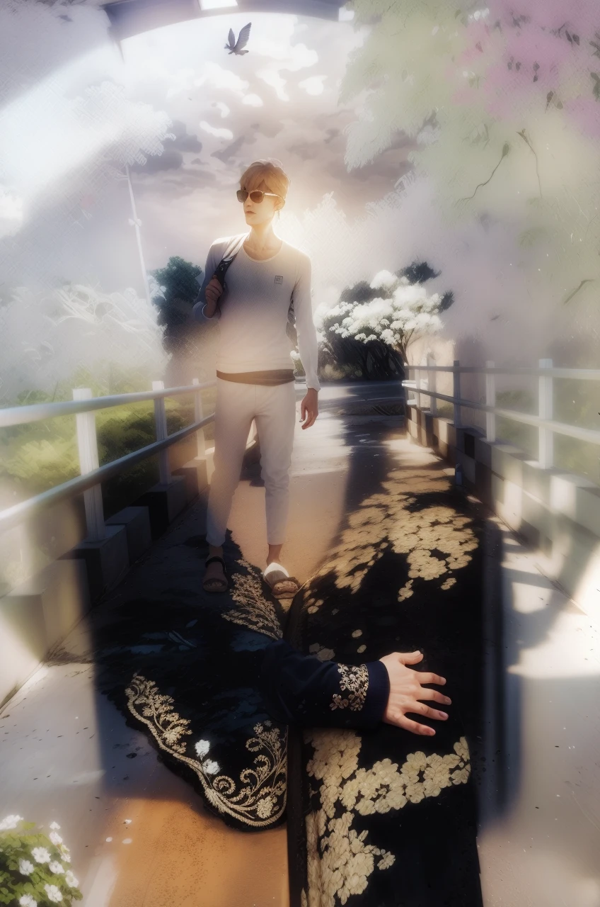 Change Background sky blue and white colouring, Sun light, bridge and road, River, green trees, handsome boy, realistic face,8k, ultra realistic.