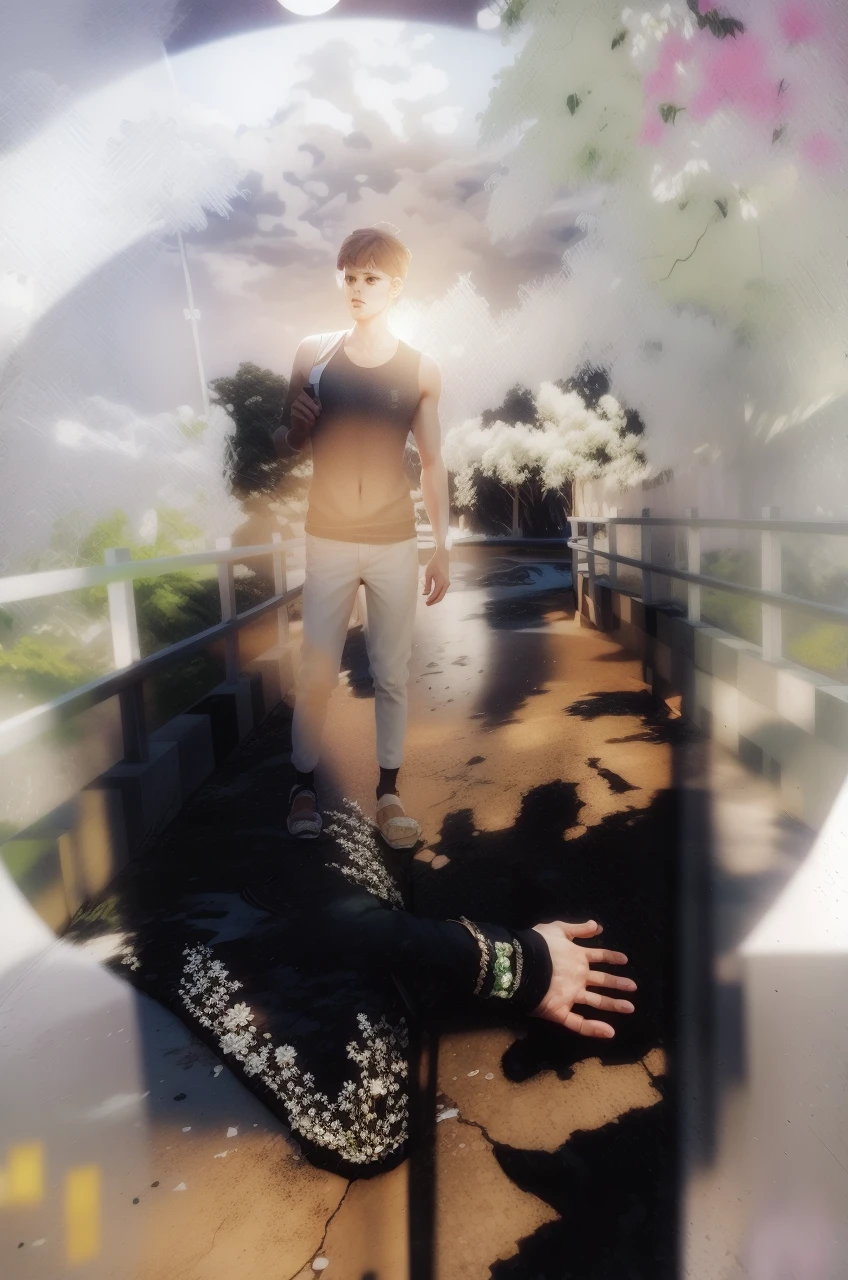 Change Background sky blue and white colouring, Sun light, bridge and road, River, green trees, handsome boy, realistic face,8k, ultra realistic.