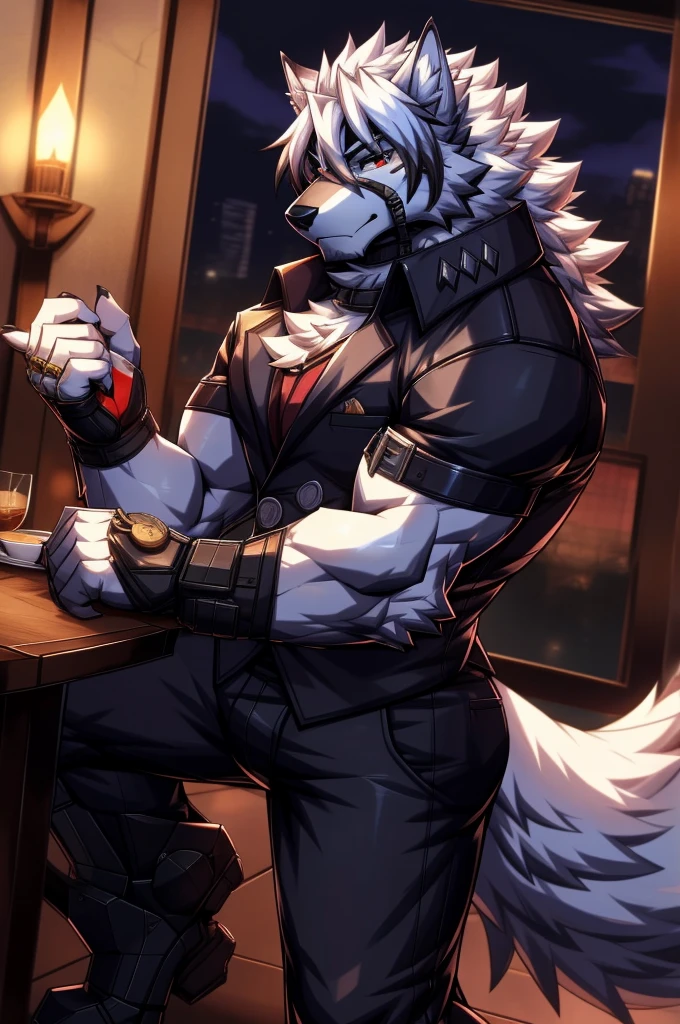 solo, anthro, furry, furry male, wolf, ((fluffy fur, fluffy, furry body)), (wolf print), prosthetic legs, round butt, fluffy tail, blue butler outfit, metal legs, red eyes, hair tuft, long hair, (light blue body, blue body, lean muscles), wolf tail, ((white hair,)), (white muzzle, white forearms), leg raised, pocket watch, gold pocket watch, pocket watch in hand, face straps, butler uniform, black metal prosthetic legs detailed fluffy fur, detailed face, detailed eyes, smaller arms (full body, round ass, fluffy ass,), cyberpunk, valorant,(by DRKS, masterpiece, high quality,hi res,8k hd), close-view portrait, looking at viewer, indoors, fancy manor, fancy tea party cute face, standing next to table, serious expression, camera view angled from above, heavy shadows, lean build, full body,