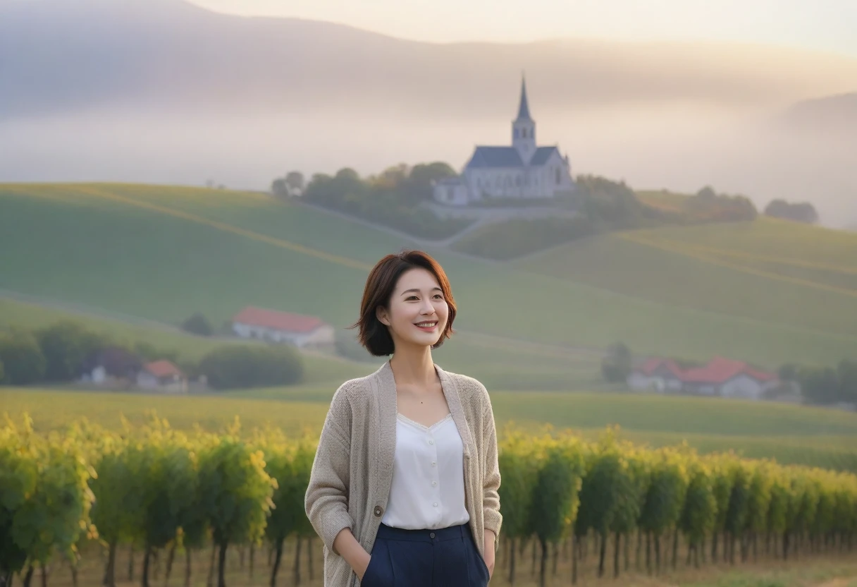 8k best picture quality, Beautiful 36-year-old Korean woman, Chest size 34 inches, Dawn in the French countryside in early autumn, View of the cathedral next to the vineyards, The back background is realistic and vivid image quality, short medium hair, Wear a shirt and cardigan and casual pants, Smile slightly. the background is clear, looking up the side., Looking at vineyards covered in thick fog from a hill