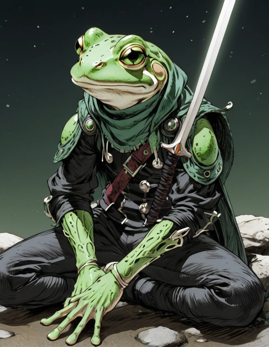(sketch art, concept art:1.4),(masterpiece rough sketch drawing), best quality, solo closeup, crouching frog rogue, magic, warlock, dark theme, green skin, green eyes, black outfit, sword (Akihiko Yoshida Style), high contrast, space theme, grunge, punk rock, waterfall