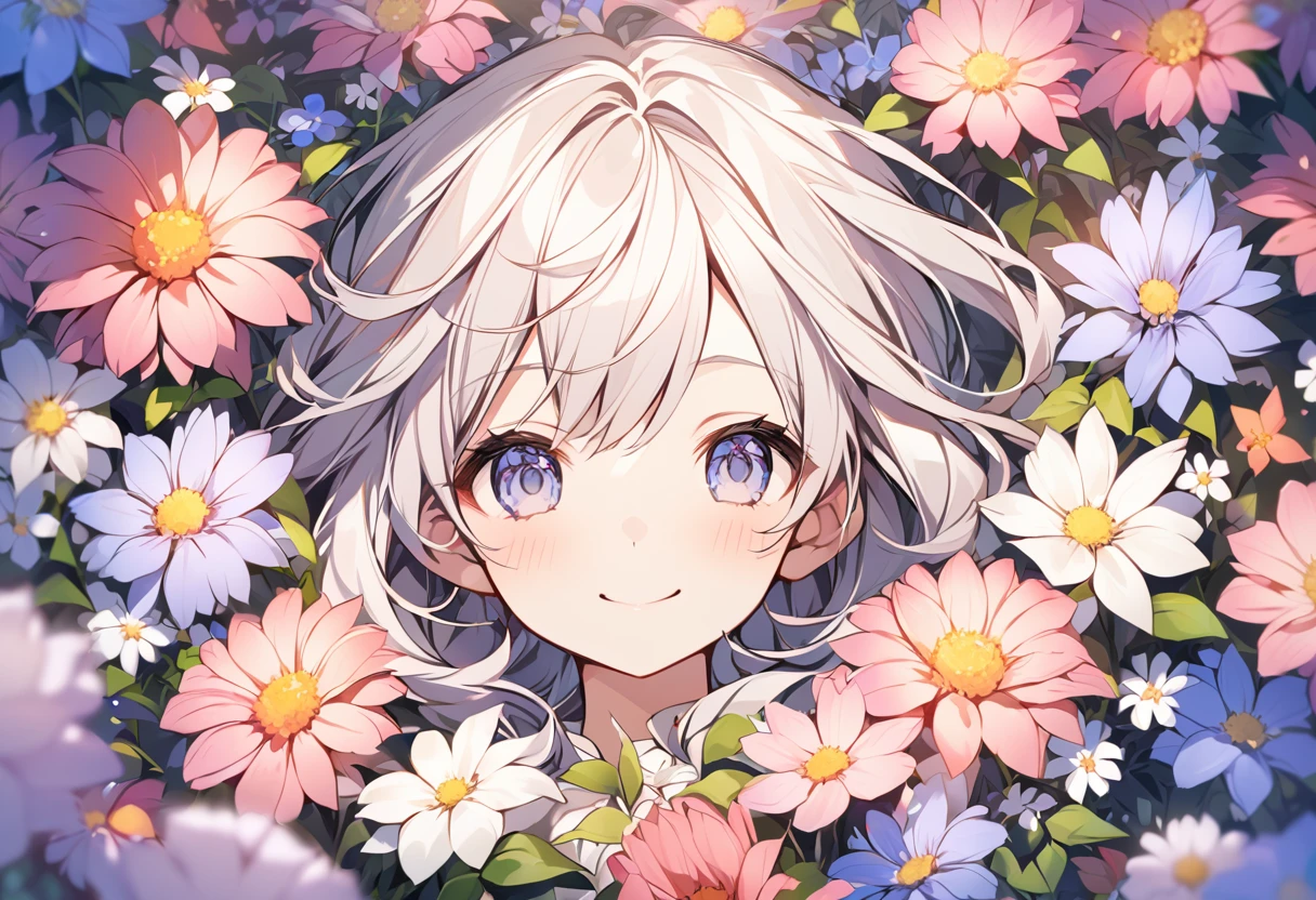 high resolution、Surrounded by flowers,Flower side,One girl,Upper Body,smile,I&#39;m laughing so hard my eyes are closing,A big smile,Black Hair,long,Shiny Hair