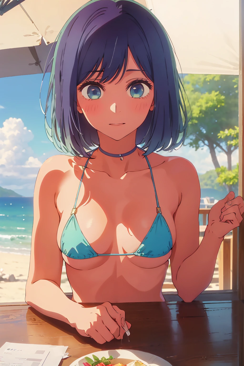 (Highest quality:1.4、masterpiece:1.4、Super detailed:1.4、8k:1.4)、((((1 person、Surprised expression、sit、Cafe Terrace、coastal、juice、table、Sandy Beach、juiceのグラスを持つ、Micro Bikini、Very soft 、Big eyes、Very cute face))))、(big Areolas protrude from micro bikini:1.4)、F cup bust、Medium breast、Underboob