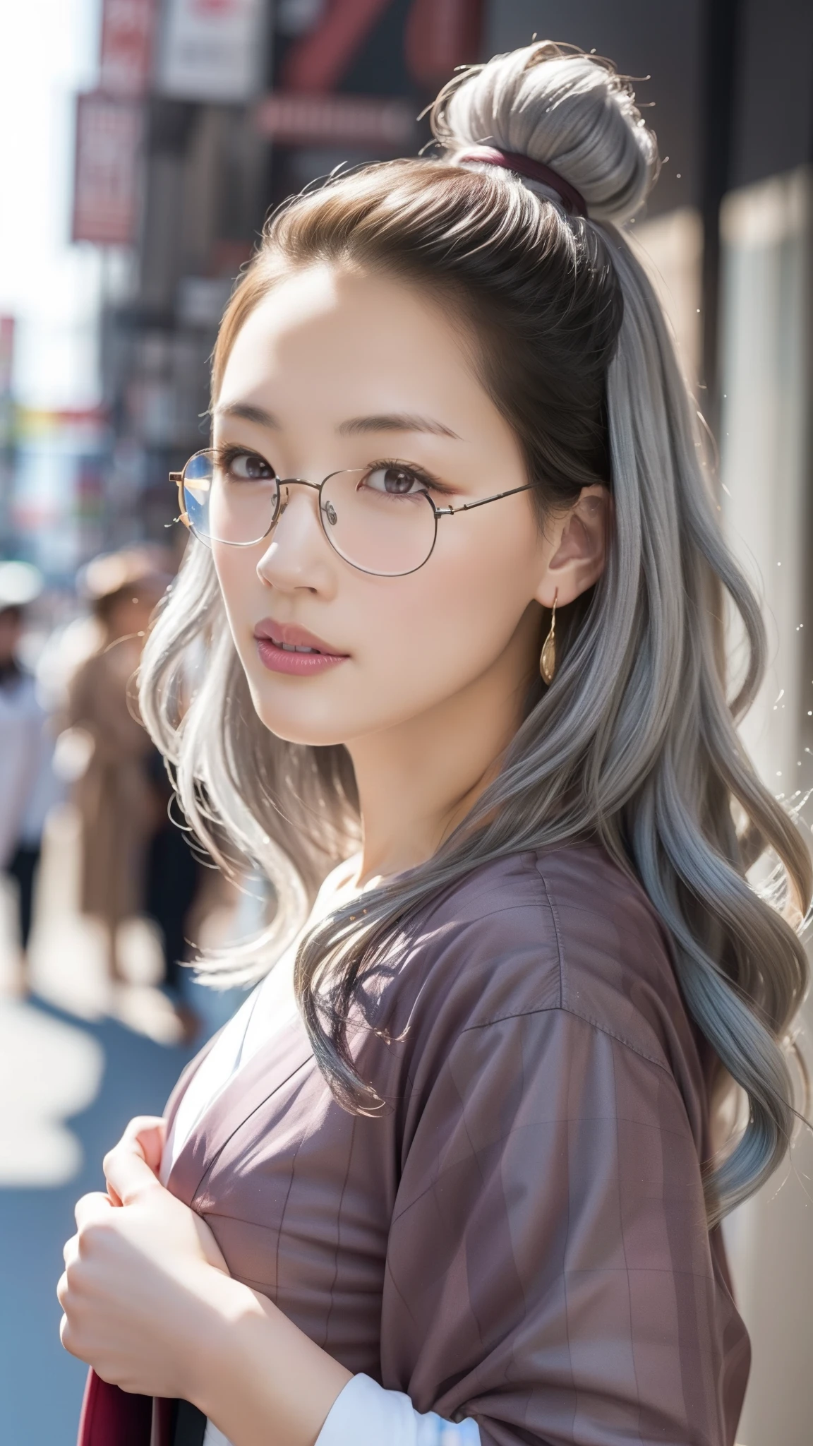 Cute Japanese woman, (16 years old), (very cute face), white moisturized skin, looking at the camera, melancholy expression, (glasses: 1.3),
BREAK,
Idol,
BREAK,
(wearing cute kimono: 1.3), (kimono with high exposure), very large earrings, short length,
BREAK,
(long hair), (gray hair: 1.4), (wavy hair), (gradient hair: 1.3), (maroon tips: 1.3),
BREAK,
(realistic: 1.3), masterpiece, perfect lighting, (ultra-high resolution), (8K), (highly detailed: 1.4), (from the front), (full body: 1.4), (symmetrical: 1.2), (one shot),
BREAK,
(Shibuya city in Japan: 1.2),
BREAK,
(Demon Slayer: 1.4),
BREAK,