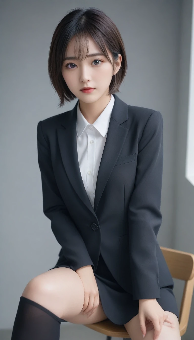 8k, Ultra-high resolution, Highest quality, masterpiece, 三分割法によるphotograph,Surreal, photograph, 1 Girl, (16 years old:1.3), pretty girl, Cute Face, Beautiful eyes in every detail, 細かくdetailedに,masterpiece,One Girl:1.2, Japan Female Announcer,full body,sad,streaming tears,Black short hair,Messy bun hair,(black suit:1.3),Nun's clothing,Black Pencil Skirt,(印象派の美しい少女のPortraiture), (Gray background:1.3),(Impressionist light and colour),Dedication to God,Sit in a tall chair,Beautiful leg line beauty,Stiletto pumps,Realistic Skin, Perfect and beautiful face ,完璧でCute Face, Skin with attention to detail, Perfect limbs、Narrow waist,Looking at the audience、beauty,Long neck,clavicle,(((Ideal body type))),A cup small breasts :2,Portraiture:2,Perfect Anatomy,鮮明なdetailed,detailed,Surreal,Light and shadow,spotlight