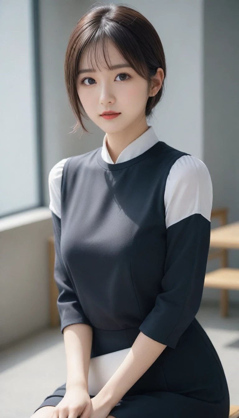 8k, Ultra-high resolution, Highest quality, masterpiece, 三分割法によるphotograph,Surreal, photograph, 1 Girl, (16 years old:1.3), pretty girl, Cute Face, Beautiful eyes in every detail, 細かくdetailedに,masterpiece,One Girl:1.2, Japan Female Announcer,full body,sad,streaming tears,Black short hair,Messy bun hair,(black suit:1.3),Nun's clothing,Black Pencil Skirt,(印象派の美しい少女のPortraiture), (Gray background:1.3),(Impressionist light and colour),Dedication to God,Sit in a tall chair,Beautiful leg line beauty,Stiletto pumps,Realistic Skin, Perfect and beautiful face ,完璧でCute Face, Skin with attention to detail, Perfect limbs、Narrow waist,Looking at the audience、beauty,Long neck,clavicle,(((Ideal body type))),A cup small breasts :2,Portraiture:2,Perfect Anatomy,鮮明なdetailed,detailed,Surreal,Light and shadow,spotlight