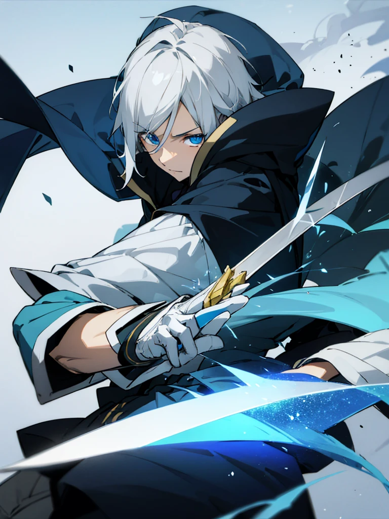 Wizard a young man, he has a silver hair and blue eyes, he wear a hood and wear gloves ,sword.
