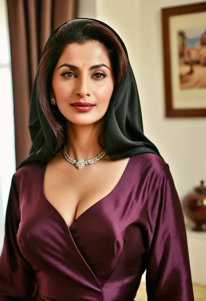 1950s old grainy picture Fair 55 year old Beautiful , stunning Arab Muslim woman wearing a dark maroonish puce brown abaya frock showing cleavage low neckline in depth of field apartment interior background 