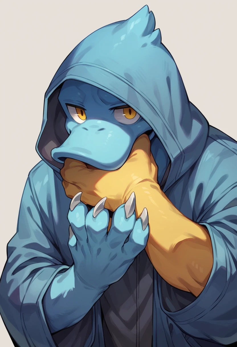 mysterious cool man with dark blue hooded coat, covered face in black, yellow eyes, blue duck paws, grey metal claws on his hands with ice