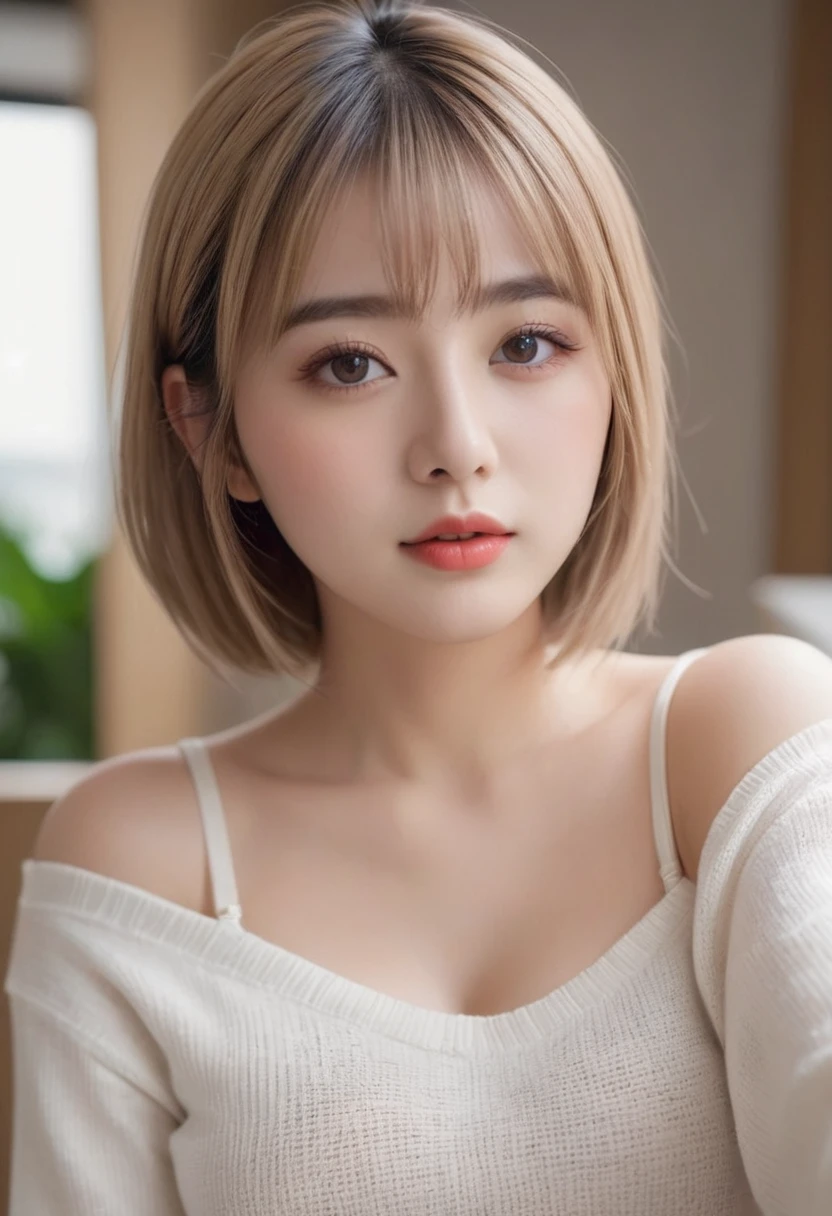 Gentle and beautiful woman, full body photo ,(( chubby face)), perfect body , double eyelids, smart peach blossom eyes, pink lips, small nose, focused face, face close-up, realistic photo , ultra-high-definition, super detailed , (( shoulder white knit clothing )) , (( beautiful skin )) , ((white jean short pants)) ,(((long hairstyle , long hair , light golds blonde hair , hair blonde , full bangs hair))),((hair blonde light gold)) , beautiful girl , 1 girl , 20 year old girl , (( closed clothes )) but real big chest , Perfect body , slim but chubby body , candid pose, cute girl , pretty girl , realistic photo, (extremely detailed, hyper detailed), soft lighting, raw, hdr, 8k textures, extreme detail, ((hight detailed skin texture)) , ((croptop long sleeve)) , ((bare shoulder)) , high epic details, high sharpness, (big breasts), closed clothes , ((extremely super detailed dress)), ((high detailed realistic skin face)),((highrest realistic photo)), ((super detailed face)),((chubby body)),(((high details pose posing))), pretty girl,((hyper realistic photo)), ((mirror selfie photo , random photo , candid mirror selfie)), ((realistic photo)) , mirror selfie , ((mirror selfie photo)) , selfie photo selfie , realistic photos , (( big breast )),(( realistic breast )) , ((beautiful breast)) , ((realistic chest)) , (( head of chest )), (( big chest )) , ((( real big breast ))) , full bangs hair , sexy breast , ((big boobs)) , ((real big breast)), (( realistic breast )) , (( big breast )) ,(( fashion croptop , realistic photo, style pose , big chest, cute face )),((selfie photo, random selfie, candid selfie , bare shoulder, bare neck))