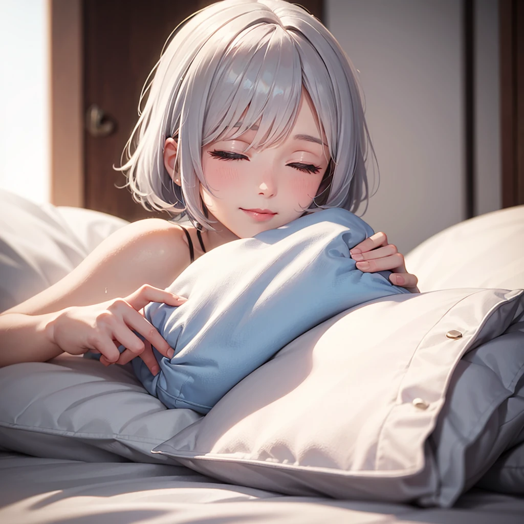 Beauty, High nose, Long eyelashes, Pink Lips, Closed Mouth, pastel colour, Dull Blue, Light, White Skin, Inner color hair, short hair, cute, 30 years old, PRADA, glossy, charm, Real, summer, null, smile, Weather showers, Big white t-shirt, Closed eyes, sleep, Pillow on face,Prone, sleep, On the bed,Gray Hair,