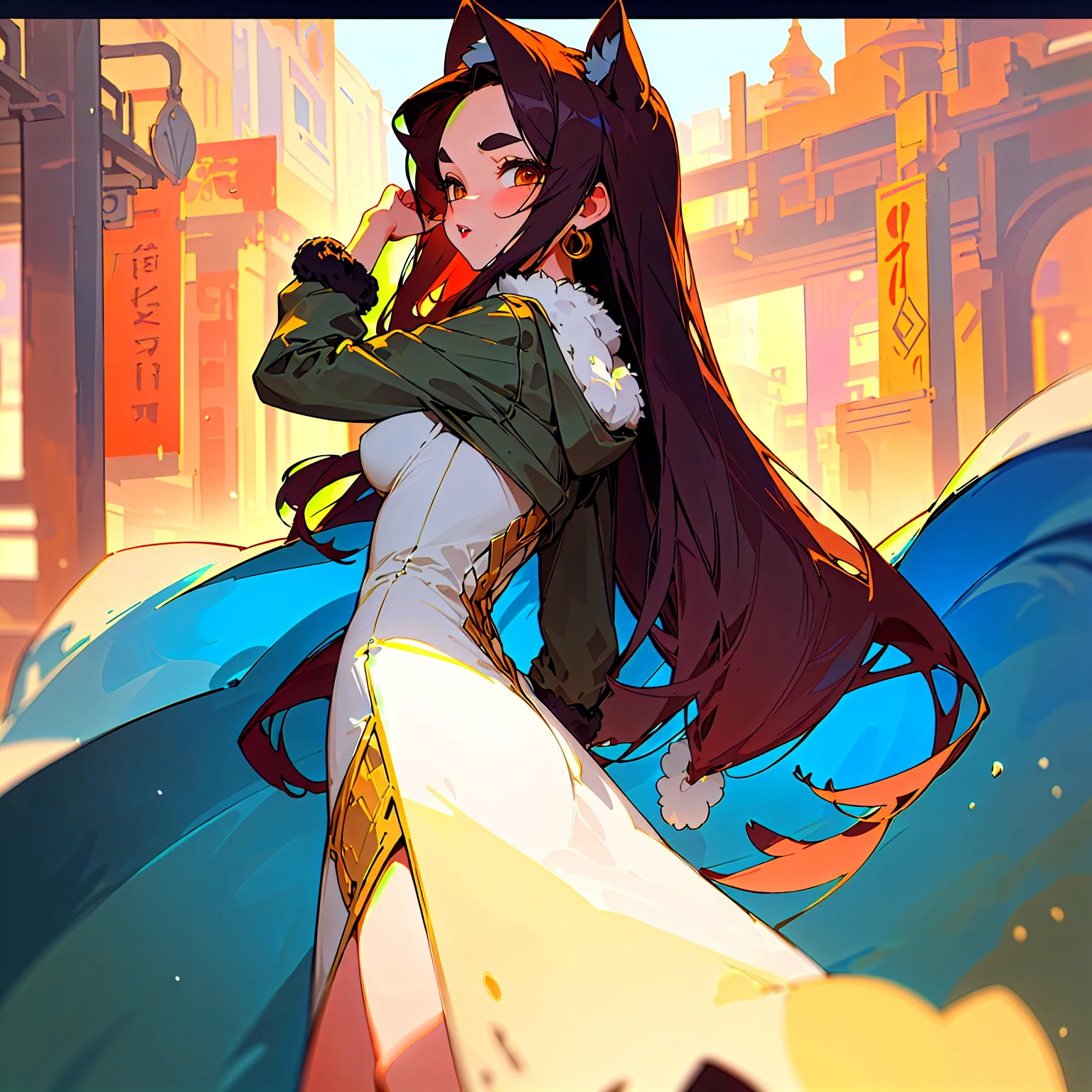 1girl, (Masterpiece, high quality, highly detailed), ((Pigeon breasts, A combination of East-West and conical, with breasts pointing slightly outward and appearing more triangular)), wearing (((Faux fur-trimmed parka dress))), (She has large, almond-shaped, dark brown eyes that draw you in with their depth and warmth. Her small and slightly upturned nose adds a touch of delicate charm to her face. Her full, deep red lips are striking and captivating. Long, straight black hair cascades down her back, complementing her warm medium skin tone with a golden undertone. Thick and arched eyebrows frame her expressive eyes, highlighting her high and defined cheekbones. Her rounded chin and small ears, which sit close to her head, complete her elegant look. Her vibrant and expressive expression reflects a lively and engaging personality.), ((winter theme, background: outside, street), (view of back, view form back, showing back, standing with back straight, looking at the other side of street.))