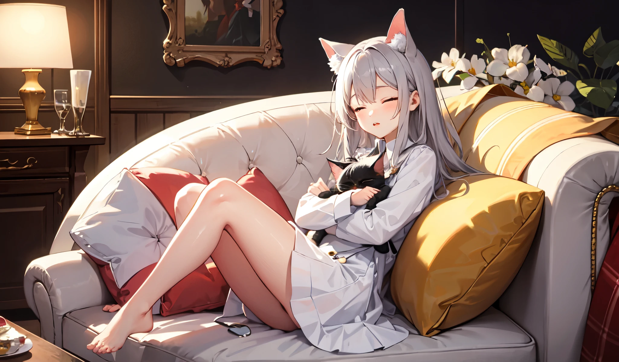 ((Highest quality)), ((masterpiece)), (detailed), A cute cat-eared girl, close your eyes, indoor, sofa,