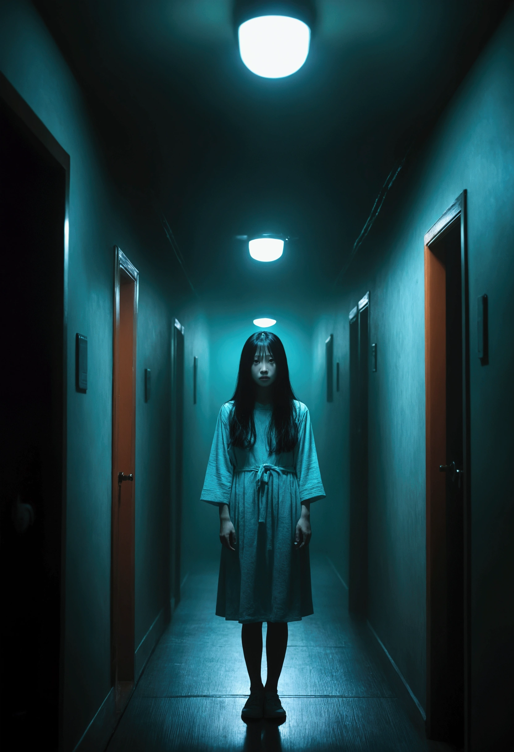 Sadako、Malice、translucent、Distorting space、In the liminal space of a dark hallway nightmare、Dynamic lighting、Photorealistic、Trending on Art Station、Stunning visuals、fog、creative、Cinematic、Super detailed、Atmospheric、Ambient Lighting、Scary Art、low quality、Heavy film grain、Low saturation、Orange Teal Hue