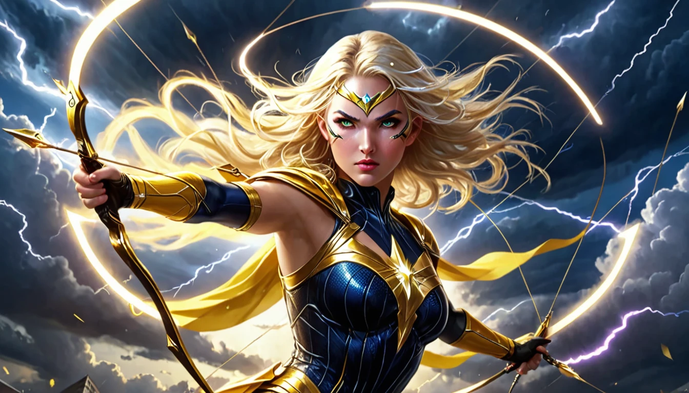 Katalina Thunderbolt, superheroine, Goddess of Thunder, mid-air pose, shooting lightning arrow, thunderbolt bow, sleek alluring form-fitting yellow costume, electrifying patterns, blonde hair, mask, sparkling eyes, glowing eyes, glowing accents, agile flexible physique, vibrant electric currents, dynamic stormy sky, bolts of lightning, swirling clouds, central composition, digital illustration, fantasy art, superhero art, intricate details, ultra-detailed, 32k resolution, epic lighting, stunning composition, vibrant yellows, beautiful masterpiece, cinematic
