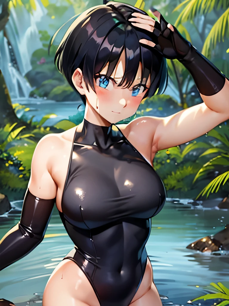 masterpiece, Highest quality, High resolution, girl, blue eyes, Black Hair,short hair,Large Breasts,Serious face,blush, Sweat,girl1名,Black leotard,Super High Leg Cut,Streak,Raise your arms high,Looking at the audience,forest,Bottomless swamp,The water surface is black and murky,Wet,