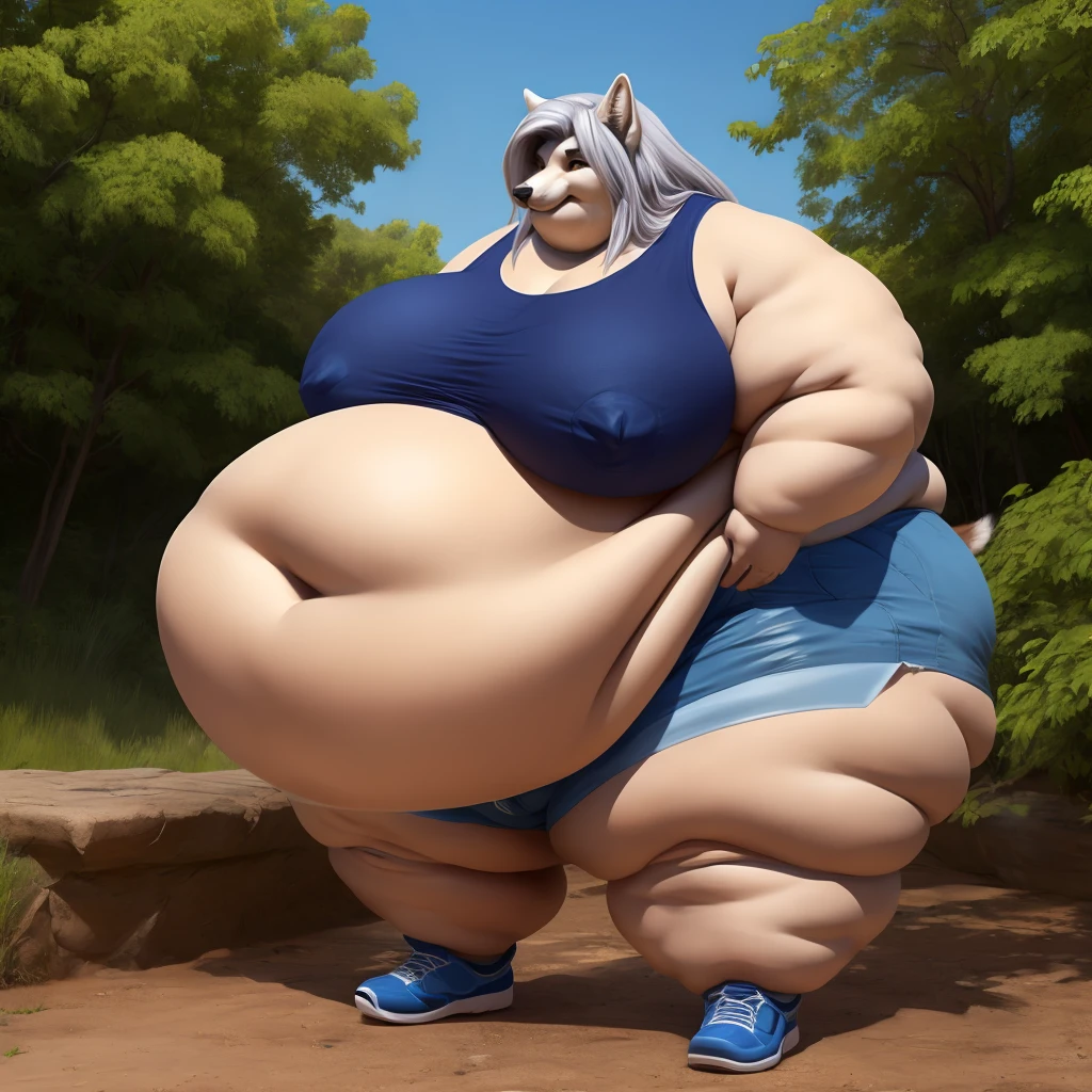 Grey wolf, female, long silver hair, huge breasts, huge hips, huge, huge belly, belly rolls, fat rolls,fat arms, fat legs, belly overhang, double chin, chubby cheeks, t-shirt, shorts, gorgeous, beautiful, eyelashes, voluptuous, plump, morbidly obese, solo,fat neck, huge belly ,shoes, outside, saggy breasts 