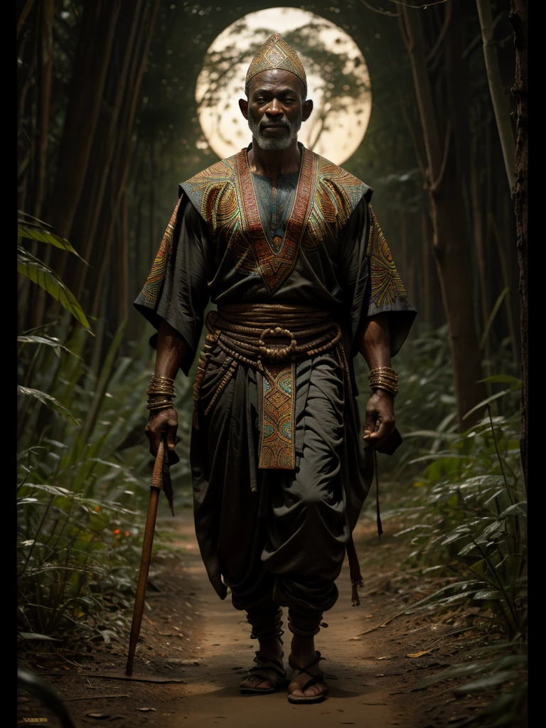 African male god, Oxossi, Beautiful, aged 50, caminhando at night em uma floresta africana, african religious clothing, Perfect Anatomia, at night, octan render, Greg Rutkowski