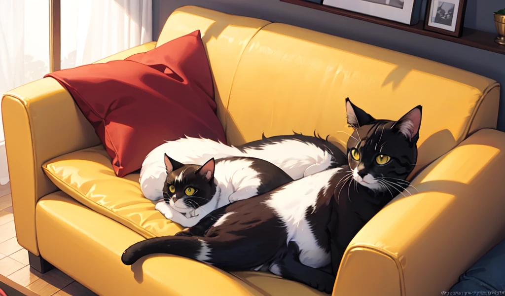 ((Highest quality)), ((masterpiece)), (detailed), A cute cat-eared girl, close your eyes, indoor, sofa, Top view