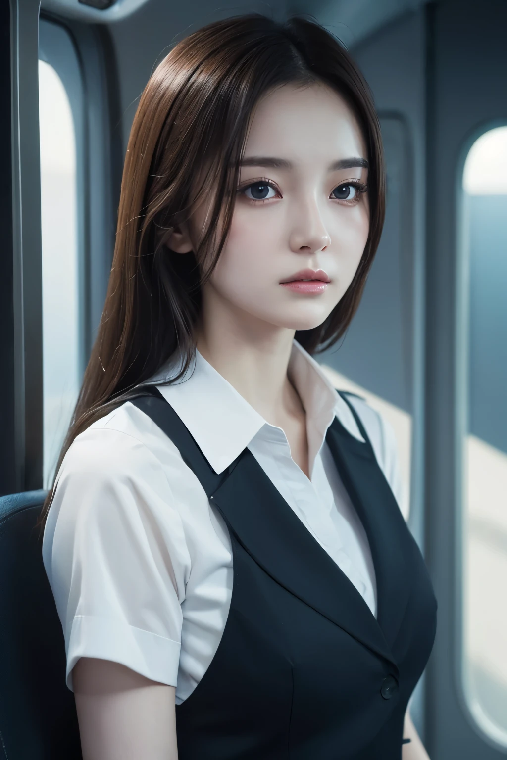 (One girl:1.3), alone, __Body parts__ Delicate and realistic skin, Pale skin, big, Official Art, Unified 16k wallpapers, Super detailed, beauty and aesthetics, beauty, masterpiece, Highest quality, In Cyberpunk City, Great atmosphere, A calming color palette, Peaceful mood, Soft Shadows, Flight attendant uniform, Glamour