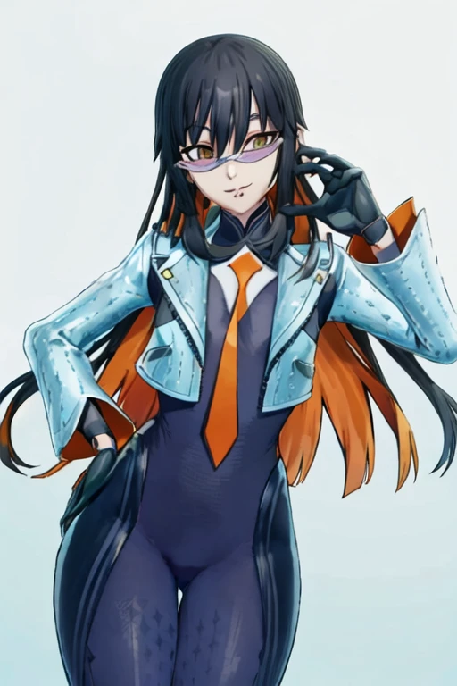 Daraku, Alone, 1girl, glasses, jacket, bodysuit, orange tie, long hair, gloves, smile, best quality, masterpiece
