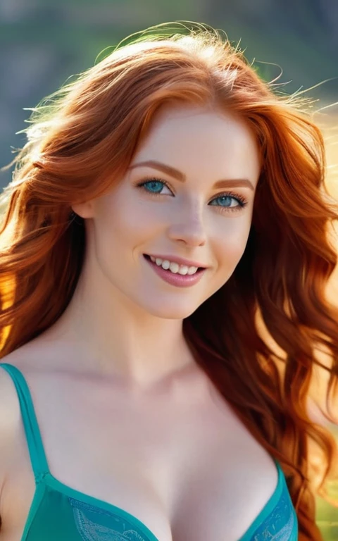 Photo size 480 x 768, beautiful model, bright blue eyes, transparent underwear, beautiful red hair, perfect breasts, filmic, Bulk, Super realistic photos of seductive smiles, (of a beautiful woman), Its beautiful and detailed charm on the top of the mountain, Beautiful green eyes are fascinating, perfect anatomy, Pose looking at the horizon , bright daylight, The light reflects and shines on her beautiful soft red wavy hair, Fashion model, Be confident, 8k Ultra HD, ​masterpiece, 3D-Rendering, Red-Haired, Red-Haired, bright red hair, Photo size 480 x 768