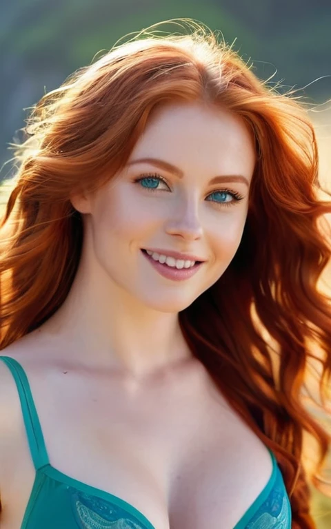 Photo size 480 x 768, beautiful model, bright blue eyes, transparent underwear, beautiful red hair, perfect breasts, filmic, Bulk, Super realistic photos of seductive smiles, (of a beautiful woman), Its beautiful and detailed charm on the top of the mountain, Beautiful green eyes are fascinating, perfect ???????, Pose looking at the horizon , bright daylight, The light reflects and shines on her beautiful soft red wavy hair, Fashion model, Be confident, 8k Ultra HD, ​masterpiece, 3D-Rendering, Red-Haired, Red-Haired, bright red hair, Photo size 480 x 768