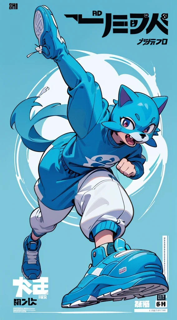 A bright blue dog-themed character, Wearing big sneakers, サイバーパンク, Magazine Cover, Simple Background, Running around, raised fist, projected inset, UHD, best quality, highres, 8k