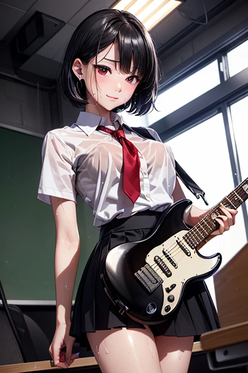 (((NSFW)))、((Masterpiece, Highest quality、Super detailed, Attention to detail))、Tabletop、girl、((high school girl、Black Hair、Short Hair、Slit eyes、Red Eyes、eight-headed body、Model-like style、Slender、School uniforms))、(White Shirt、Black Skirt、Black knee-high socks、Black Loafers)、Silver earringultiple silver accessories、Silver Ring、Silver Ring、bandギャル、(((Red electric guitar)))、(((liveハウス、live、band、Dim lighting)))、(((Standing and playing guitar)))、((live中、Playing the guitar、In front of the audience))、((No bra、No underwear))、(((Sweating a lot、Sweat dripping、Sweat vapor)))、(((Body odor)))、((Sweaty smell、Clothes get wet、Sweat stains))、((((Love juice overflows from the vagina))))、((Angle from below、I can see the vagina))、((Skirt flipped up))、smile