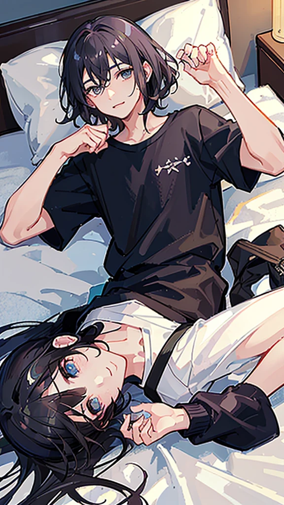 (Highest quality)), ((masterpiece)), (detailed),The background is the bedroom、Lying in bed、boyfriend、A man around 35 years old、A man with black, waist-length hair、Wearing a white T-shirt,Eye color is a calm blue、Location: Bedroom。