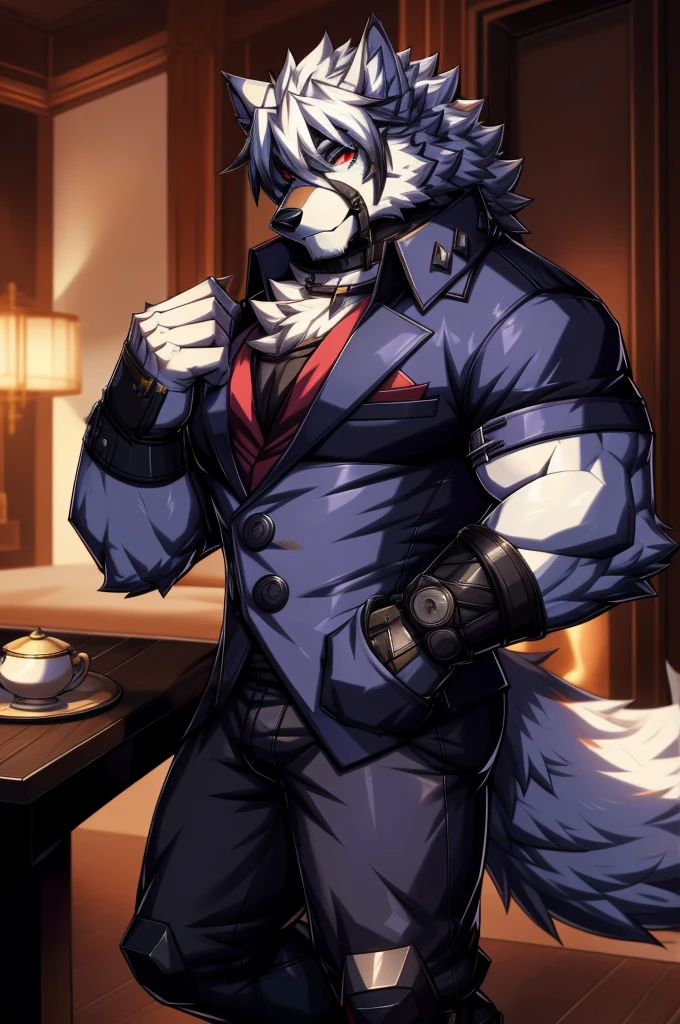 solo, anthro, furry, furry male, wolf, ((fluffy fur, fluffy, furry body)), (wolf print), prosthetic legs, round butt, fluffy tail, blue butler outfit, metal legs, red eyes, hair tuft, long hair, (light blue body, blue body, lean muscles), wolf tail, ((white hair,)), (white muzzle, white forearms), leg raised, pocket watch, gold pocket watch, pocket watch in hand, face straps, butler uniform, black metal prosthetic legs detailed fluffy fur, detailed face, detailed eyes, smaller arms (full body, round ass, fluffy ass,), cyberpunk, valorant,(by DRKS, masterpiece, high quality,hi res,8k hd), close-view portrait, looking at viewer, indoors, posh mansion, fine china,  fancy tea party cute face, standing next to table, serious expression, camera view angled from above, heavy shadows, lean build, full body,