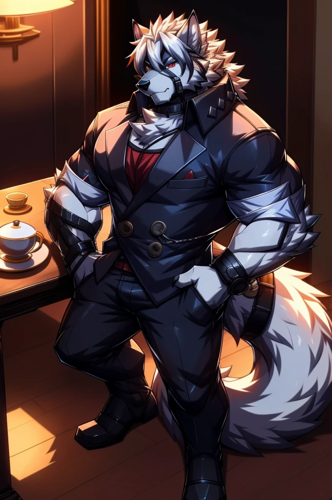 solo, anthro, furry, furry male, wolf, ((fluffy fur, fluffy, furry body)), (wolf print), prosthetic legs, round butt, fluffy tail, blue butler outfit, metal legs, red eyes, hair tuft, long hair, (light blue body, blue body, lean muscles), wolf tail, ((white hair,)), (white muzzle, white forearms), leg raised, pocket watch, gold pocket watch, pocket watch in hand, face straps, butler uniform, black metal prosthetic legs detailed fluffy fur, detailed face, detailed eyes, smaller arms (full body, round ass, fluffy ass,), cyberpunk, valorant,(by DRKS, masterpiece, high quality,hi res,8k hd), close-view portrait, looking at viewer, indoors, posh mansion, fine china,  fancy tea party cute face, standing next to table, serious expression, camera view angled from above, heavy shadows, lean build, full body,