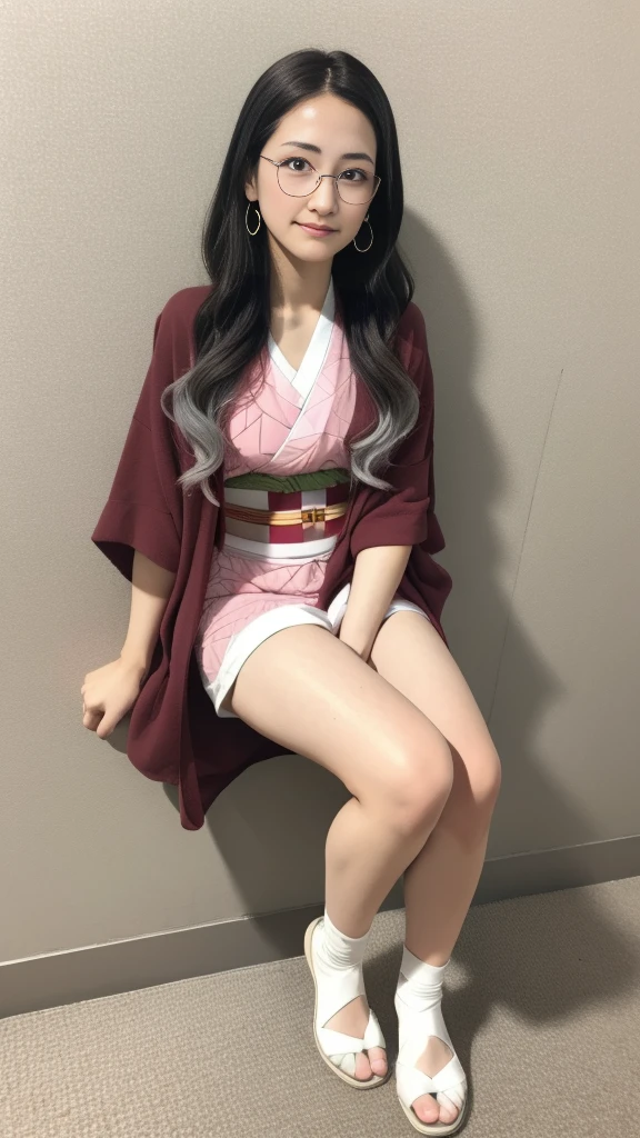 Cute Japanese woman, (), (very cute face), white moisturized skin, looking at the camera, melancholy expression, (glasses: 1.3),
BREAK,
Idol,
BREAK,
(wearing cute pink kimono: 1.3), (highly revealing kimono), very large earrings, short length,
BREAK,
(long hair), (gray hair: 1.4), (wavy hair), (gradient hair: 1.3), (maroon tips: 1.3),
BREAK,
(realistic: 1.3), masterpiece, perfect lighting, (ultra-high resolution), (8K), (highly detailed: 1.4), (from the front), (full body: 1.4), (symmetrical: 1.2), (one shot),
BREAK,
(Shibuya city in Japan: 1.2),
BREAK,
(Demon Slayer: 1.4),
BREAK,