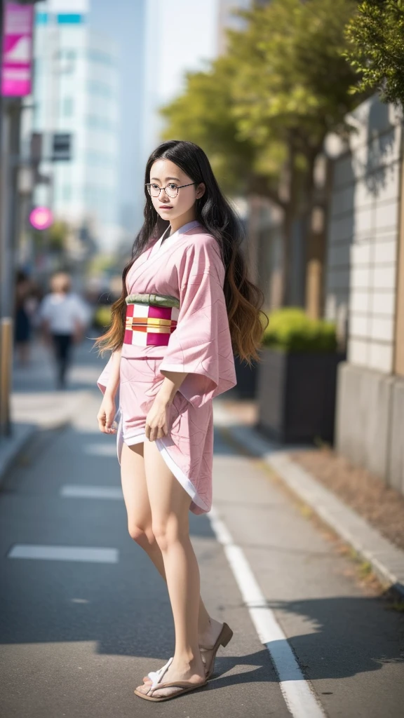 Cute Japanese woman, (), (very cute face), white moisturized skin, looking at the camera, melancholy expression, (glasses: 1.3),
BREAK,
Idol,
BREAK,
(wearing cute pink kimono: 1.3), (highly revealing kimono), very large earrings, short length,
BREAK,
(long hair), (gray hair: 1.4), (wavy hair), (gradient hair: 1.3), (maroon tips: 1.3),
BREAK,
(realistic: 1.3), masterpiece, perfect lighting, (ultra-high resolution), (8K), (highly detailed: 1.4), (from the front), (full body: 1.4), (symmetrical: 1.2), (one shot),
BREAK,
(Shibuya city in Japan: 1.2),
BREAK,
(Demon Slayer: 1.4),
BREAK,