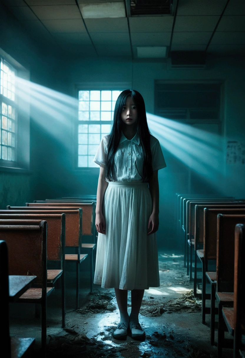 Sadako、White clothes、See-through、In the liminal space of a dark abandoned school、Dynamic lighting、Photorealistic、Trending on Art Station、Stunning visuals、fog、creative、Cinematic、Super detailed、Atmospheric、Ambient Lighting、Scary Art、low quality、Heavy film grain、Low saturation、Orange Teal Hue