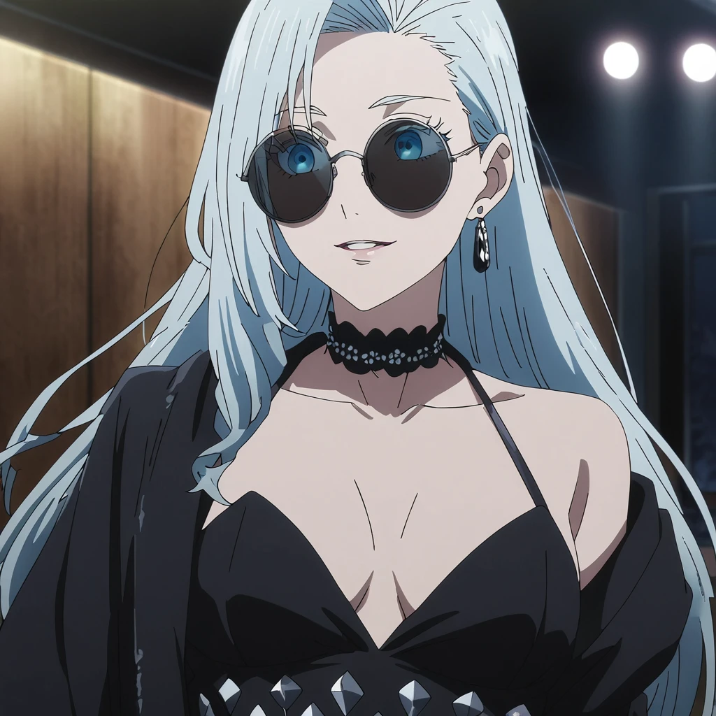 1girl, female gojo satoru, anime screencap from jujutsu kaisen, gojo satoru female version, solo, long_hair, ((Blue eyes)) ((round sunglasses)) ((Silver_hair, hair over ear from one side))((slicked hair)) , night view, (hanging breasts) upper_body, smile,party hall, parted lips, (long hair) ((wearing black colour prom night outfit, neck choker)) breast, "very detailed and high resolution" (Blue eyes) ((round sunglasses)) ((solo)) (((front view))) (earings) ((high resolution)) ((good quality)) ((silky hair, hair over ear from one side))((hair slicked)) ((parted lips)) 