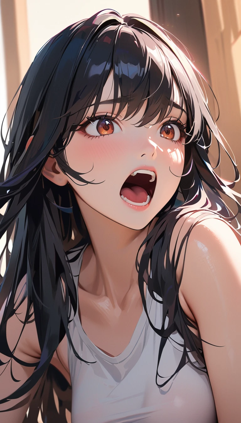 modern, Verism, masterpiece, textured skin, super detail, best quality, 4K , (((head shot))), A beautiful woman, black hair, long hair, She has his mouth wide open, showing a very surprised expression.