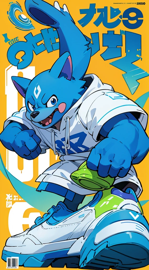 A bright blue dog-themed character, Wearing big sneakers, サイバーパンク, Magazine Cover, Simple Background, Running around, raised fist, projected inset, UHD, best quality, highres, 8k