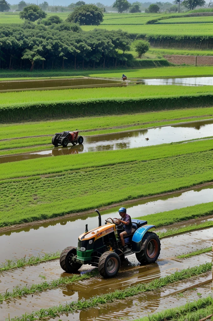 /imagine formula racing car track in middle of the Indian villages. Buffaloes are there near the track. There is a small pond near track. Children's are bathing in the pond . A man is going in his field with his tractor. There are paddy fields near the track.