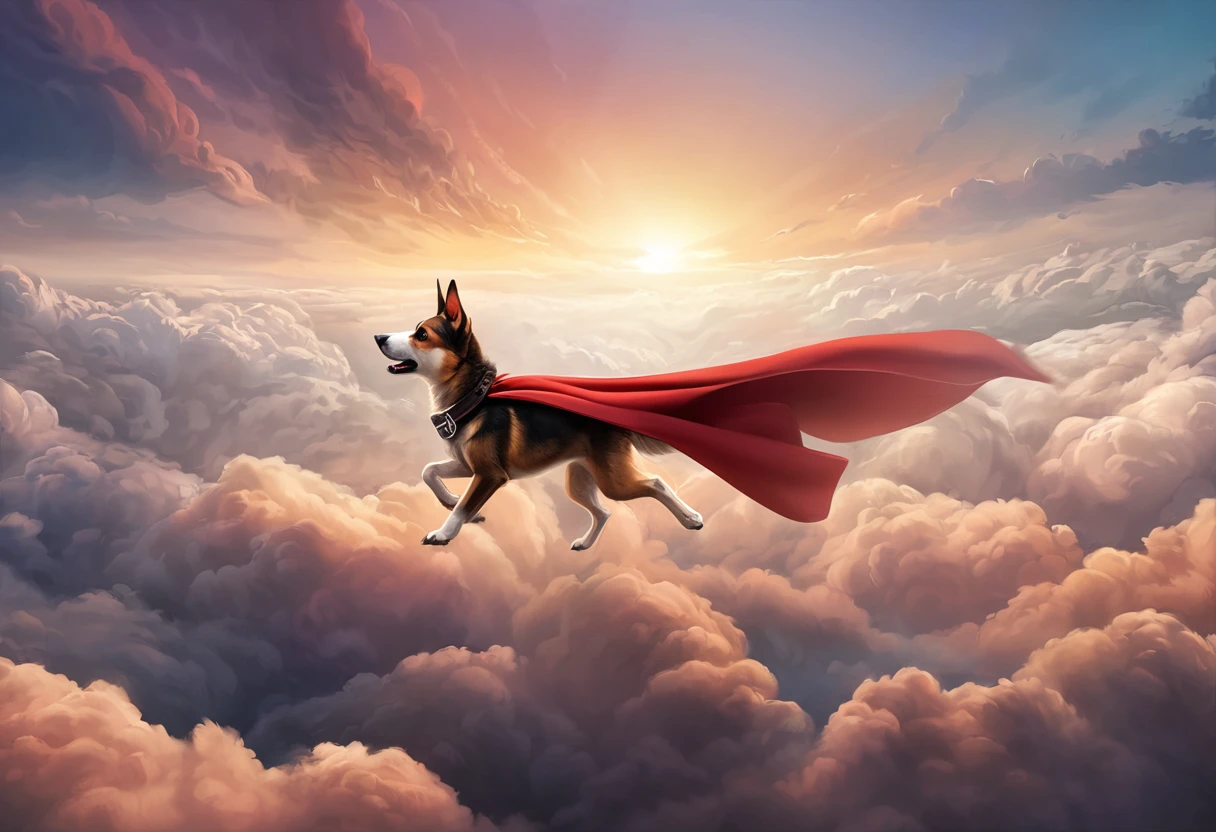 ((Masterpiece, top quality, high resolution, highly detailed CG unified 8K wallpaper)), A puppy flying above the clouds with its red cape fluttering, dynamic composition, side view,