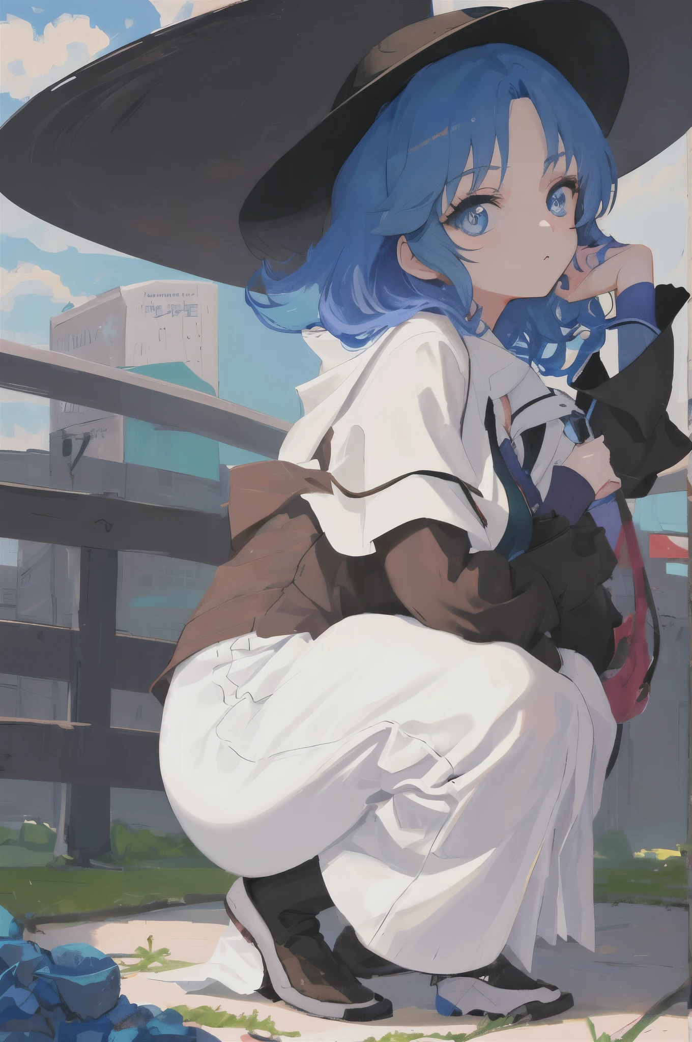 Anime - style image of a woman with blue hair and a hat, Bending over, 美丽的the anime girl is crouching, Extremely detailed Artgerm, 2 b, 2b, Attractive anime girl, Popularity on ArtStation Pixiv, the anime girl is crouching, Tick, Guweiz on ArtStation Pixiv, Guweiz in Pixiv ArtStation