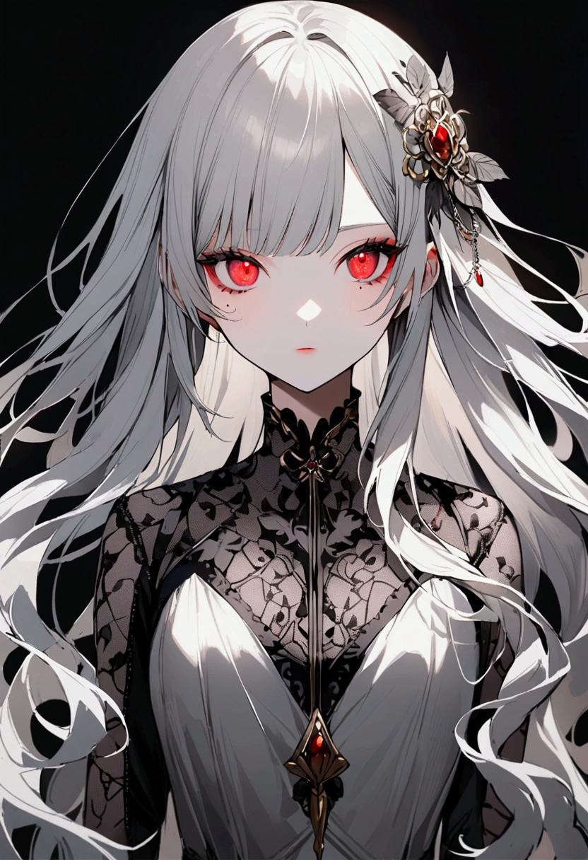 1 character。gray hair color、Glowing red eyes、Long Hair、There is a mole under the left eye。Without background、Depict people only.