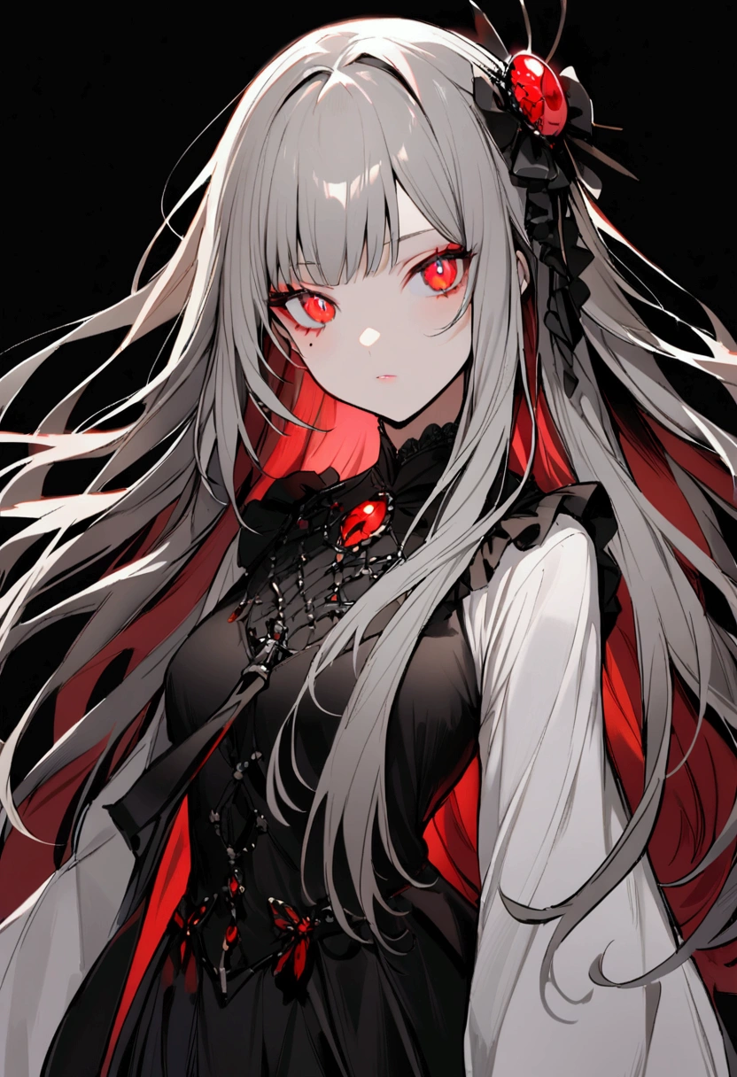1 teen girl character。gray hair color、Glowing red eyes、Long Hair、There is a mole under the left eye。Without background、Depict people only.