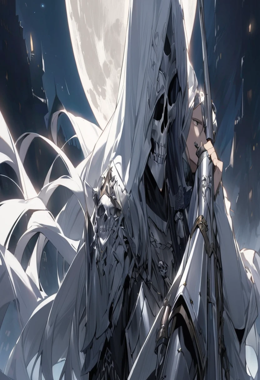 a man with a silver skull covering his entire face and head, wearing medieval Templar-style armor painted white, resting an enormously long sword on his shoulder, holding the handle with his right hand, all this while night reigns and the moon can be seen in the background of the image